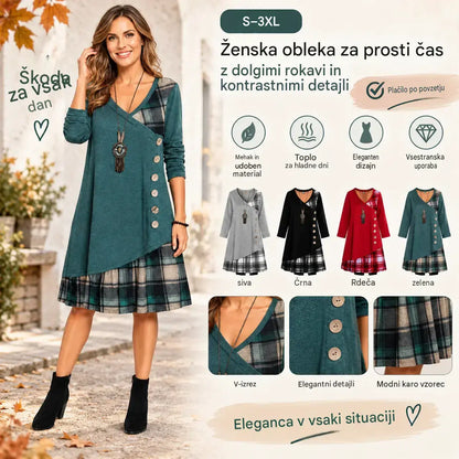 🍁【S-3XL🔥】Ženska sproščena obleka z dolgimi rokavi in kontrastnimi detajli