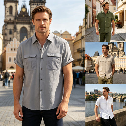👔【M-5XL】Nová letní pánská jednobarevná lněná košile