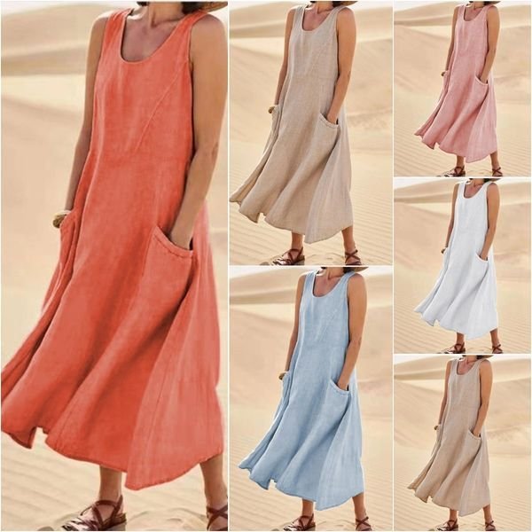 🌈👗【7 barev, S-5XL】💖 Nové elegantní jednobarevné šaty bez rukávů s kulatým výstřihem z bavlny a lnu na léto 2026.