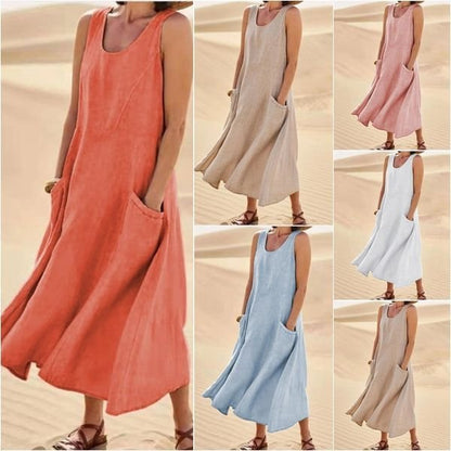🌈👗【7 barev, S-5XL】💖 Nové elegantní jednobarevné šaty bez rukávů s kulatým výstřihem z bavlny a lnu na léto 2026.
