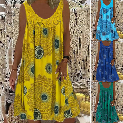 🎁👗 [S-5XL] Dámské letní šaty s límečkem bez rukávů s potiskem