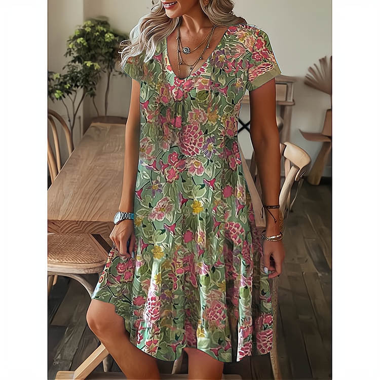 💕【S-5XL】Lato 2024 nowa damska swobodna sukienka z krótkim rękawem i dekoltem w szpic 3616940