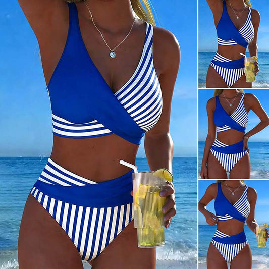 🏊‍♀️【Časově omezená speciální nabídka】❤️‍🔥Dvoudílné, barevné bikiny s bloky a pruhy🌊