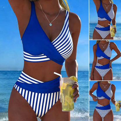🏊‍♀️【Časově omezená speciální nabídka】❤️‍🔥Dvoudílné, barevné bikiny s bloky a pruhy🌊