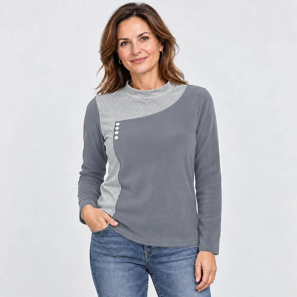 ⭐✨【M–3XL / 4 barve】Bluza v barvnih blokih s stoječim ovratnikom in okrasnimi gumbi (lahek in topel flis)