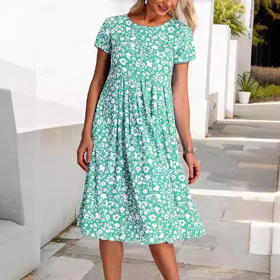 💕💕【Časově omezená nabídka】【S-3XL】Nové letní šaty s krátkým rukávem a kulatým výstřihem s potiskem. Možnost platby na dobírku.