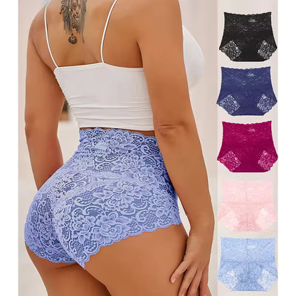 💕【6 ks】💕【55–100 kg】Letní dámské kalhotky s vysokým pasem pro tvarování postavy, krajkový design, pohodlné na nošení