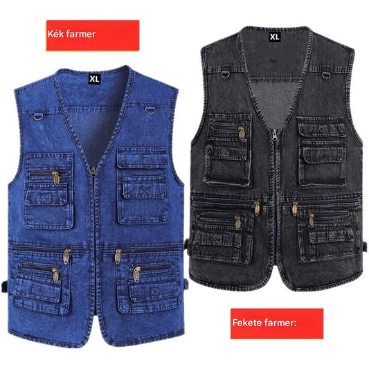🔥 【Új kollekció -50%】Férfi többzsebes farmer mellény 【XL–7XL】 – tartós, légáteresztő, kényelmes