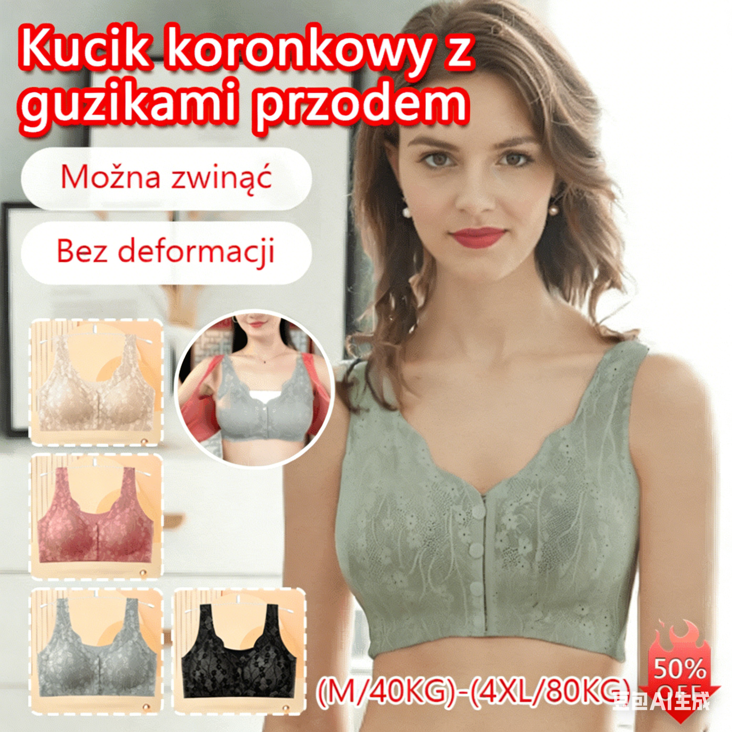 😍【3sztuk】【40-100KG】Damski, bezprzewodowy, koronkowy biustonosz zapinany z przodu-4224375