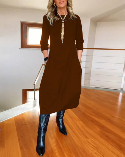 👗【S-5XL】Elegante vestido de algodón de color liso con mangas largas 4183538
