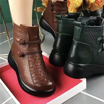 💥💥【50% OFF】【35-40】2024 Modne zimowe damskie botki ocieplane z bocznym zamkiem błyskawicznym wykonane ze skóry-3822062