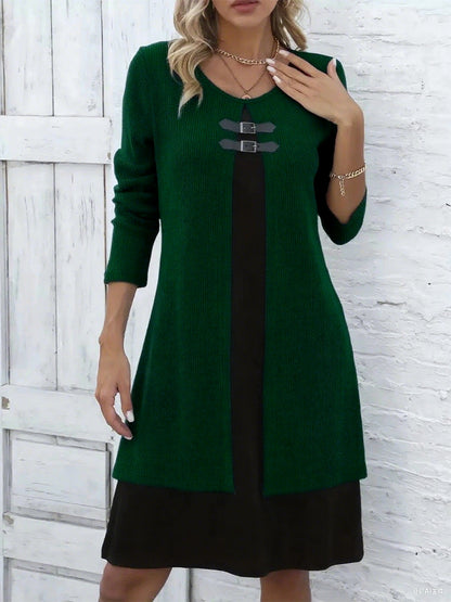 🔥💃【S-3XL】✨✨Nowa modna i elegancka zimowa sukienka sweterkowa w bloki kolorów 4181975