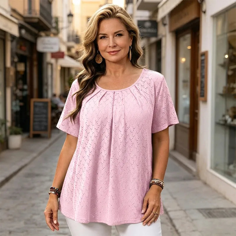 ✨【L-6XL】Elegantní dámská halenka s krajkovou výšivkou a volánovým límcem, volný střih, krátký rukáv – francouzský styl