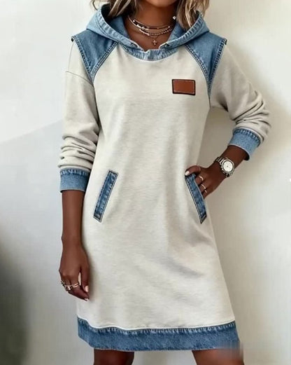 【S-3XL】🌷🌞Zimska nova modna jeans obleka s kapuco iz patchworka 4159861