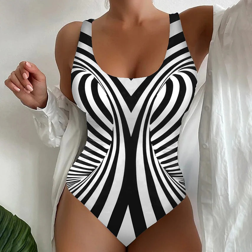 【Nowa popularna odzież damska】🔥【S~8XL】Modny, szybkoschnący, letni jednoczęściowy kostium kąpielowy w paski, niezbędny na plaży 4066389