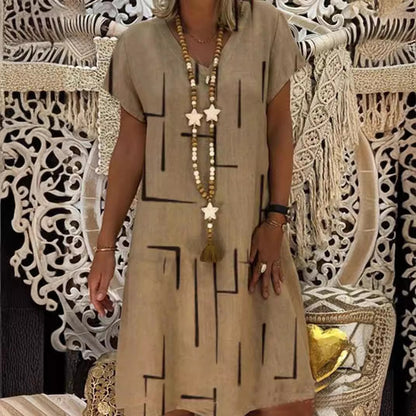 👗【S-5XL】Bawełniana sukienka z nadrukiem i dekoltem w szpic