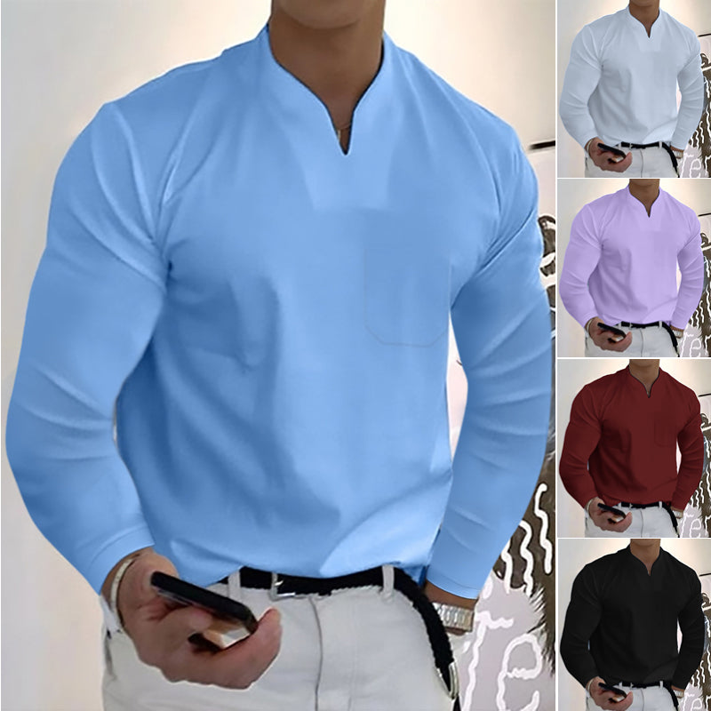 👔【S-5XL】 Nowy stylowy, elastyczny, bawełniany T-shirt męski z dekoltem w kształcie litery V, na lato-3916336
