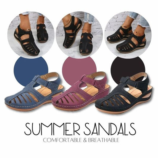 🔥🎉🎀Sandały damskie w dużych rozmiarach, zakryte palce, ażurowe sandały na koturnie w stylu rzymskim-4257374