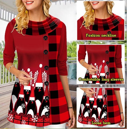 🔥🎄【S-5XL】2024 Nowy Świąteczny Ciepły Bawełniany Wygodny Casual Drukowany Modny damski top z długim rękawem-3840915