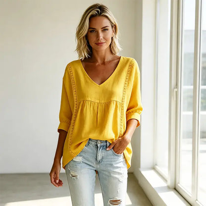 🌺Letní halenka v boho stylu s výstřihem do V a krajkovými detaily – volný střih, který zakryje nedokonalosti a lichotí každé postavě!
