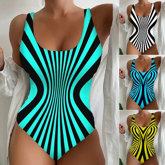 【Nowa popularna odzież damska】🔥【S~8XL】Modny, szybkoschnący, letni jednoczęściowy kostium kąpielowy w paski, niezbędny na plaży 4066389