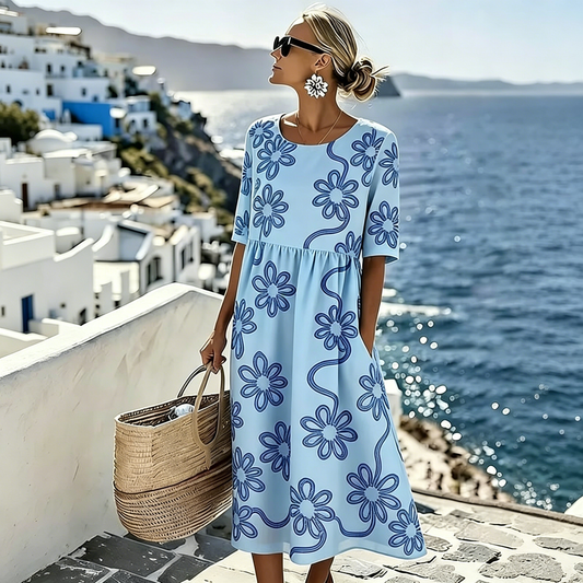 🏖️Poslední den – sleva 50 %!【S–4XL】Lehké dámské šaty s módním potiskem, zeštíhlující střih a prodyšný materiál.