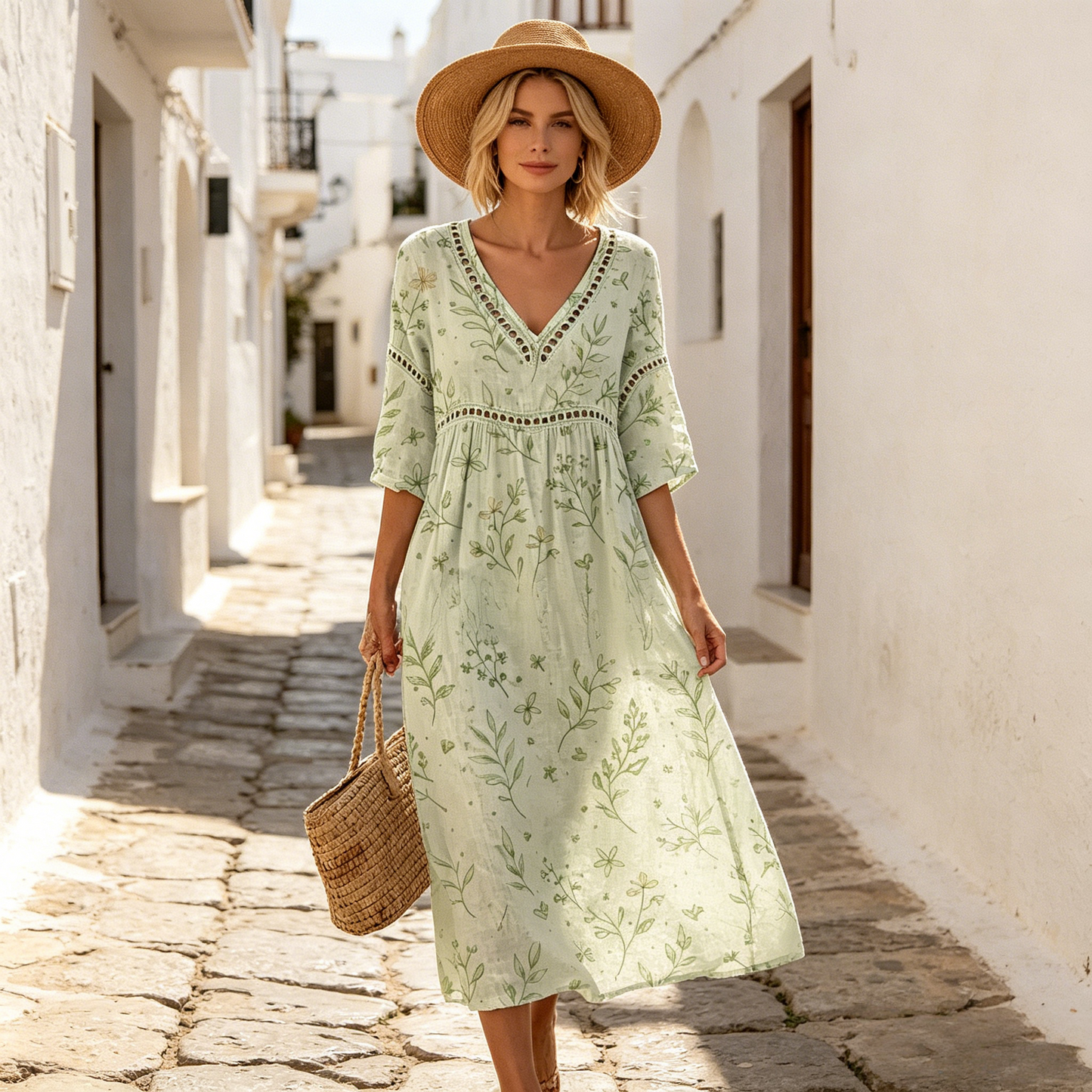Új 👗【S-3XL】Nyári V-nyakú, mintás pamut-len hosszú ruha
