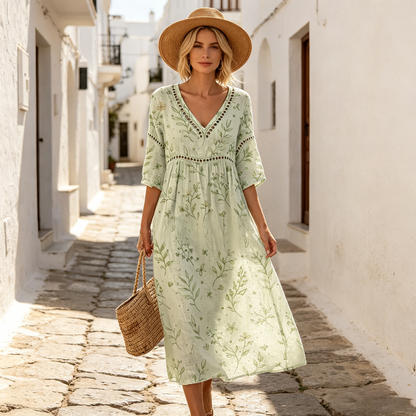 Új 👗【S-3XL】Nyári V-nyakú, mintás pamut-len hosszú ruha