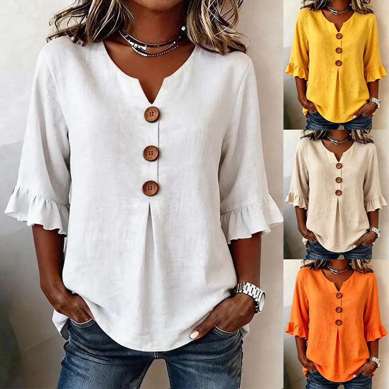 [S-3XL] Nueva camisa de mujer con cuello en V y volantes, mezcla de algodón y lino, con botones: sencilla y elegante.