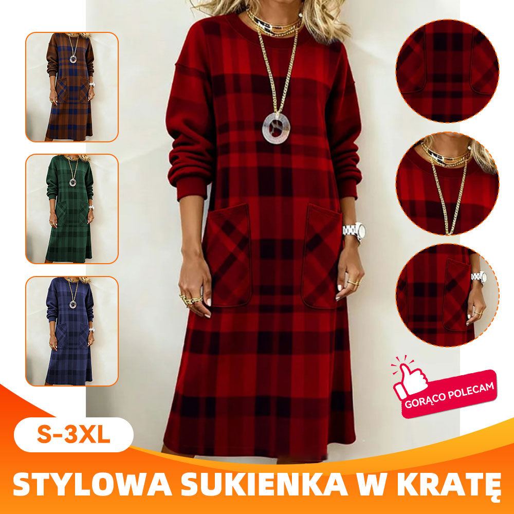【S-3XL】Sukienka damska w kratę z długim rękawem na jesień i zimę 4207040