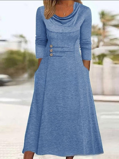 【S-3XL】Nowa jesienna sukienka w jednolitym kolorze z okrągłym dekoltem i kieszenią w talii zapinaną na guziki