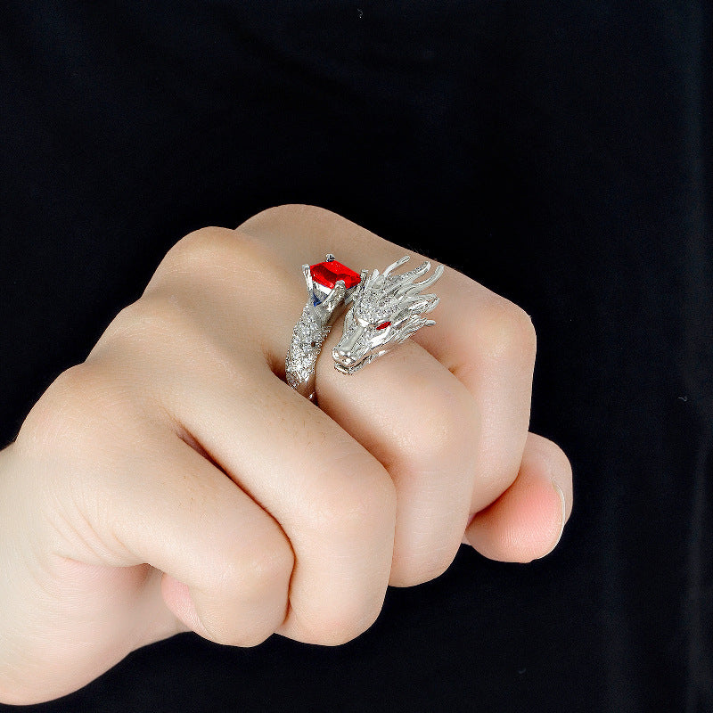 ✨💍 Luksusowy pierścionek z szafirowym rubinem i chińskim smokiem, platerowany 18-karatowym złotem-3683425