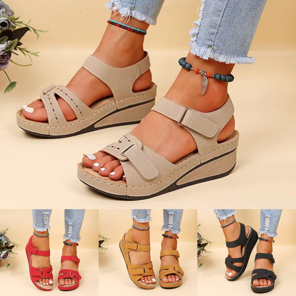 【💥50% zniżki💥】🔥【35-43】Modne letnie sandały na koturnie z grubą podeszwą,✨ wygodne i antypoślizgowe, 🌷oddychające i swobodne-3954664