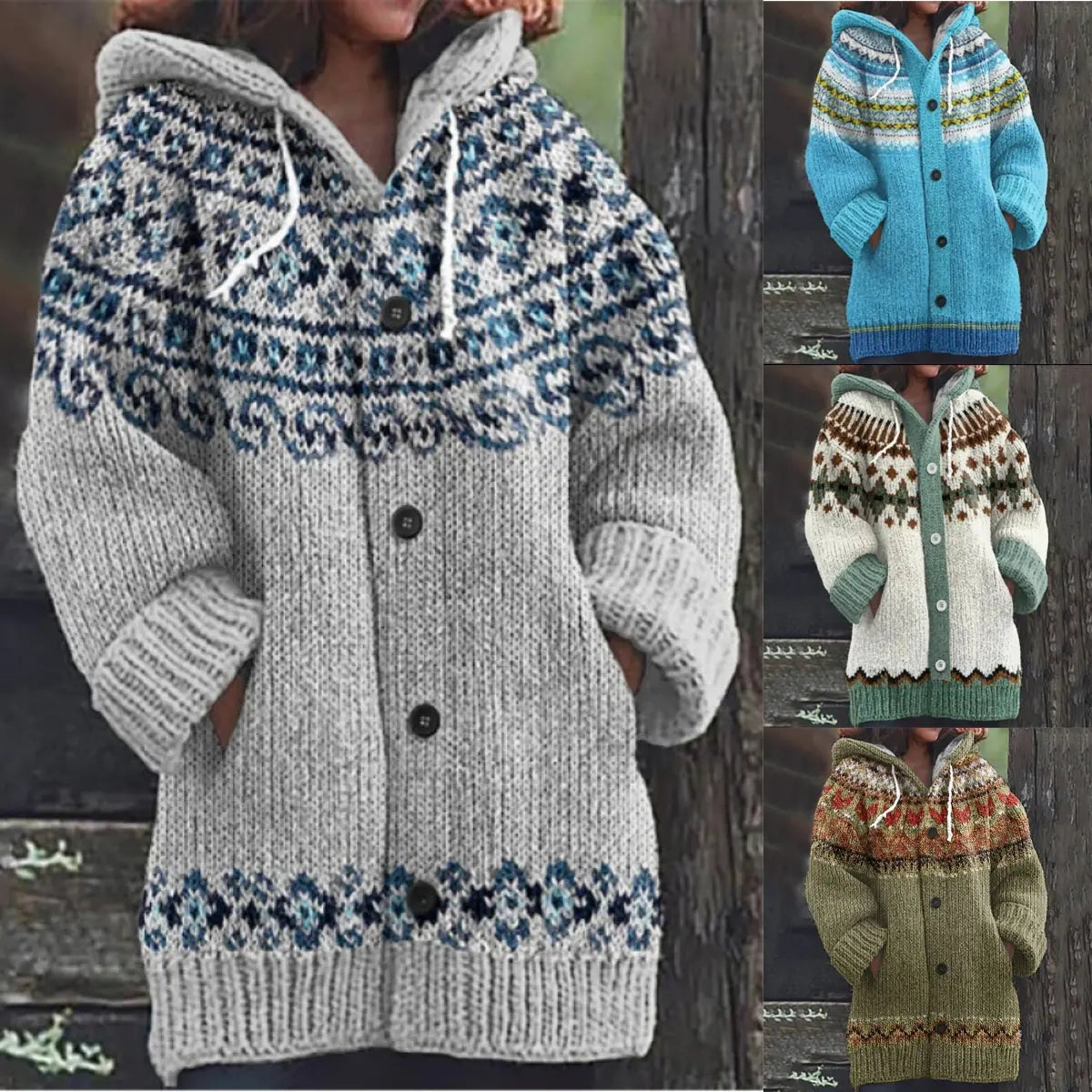 ⭐ 50% SLEVA 🔥 ✨ Nový dámský pletený svetr s kapucí, geometrickým vzorem a zapínáním na knoflíky, ideální na podzim a zimu, velikosti S–5XL.