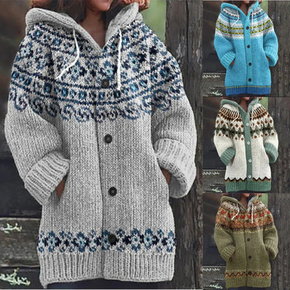 ⭐ 50% SLEVA 🔥 ✨ Nový dámský pletený svetr s kapucí, geometrickým vzorem a zapínáním na knoflíky, ideální na podzim a zimu, velikosti S–5XL.