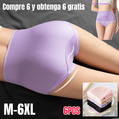 🔥🔥【Balení 6 ks】【M-6XL】💥Poslední den 50% sleva: Dámské kalhotky s vysokým pasem a krajkovým lemem pro větší velikosti