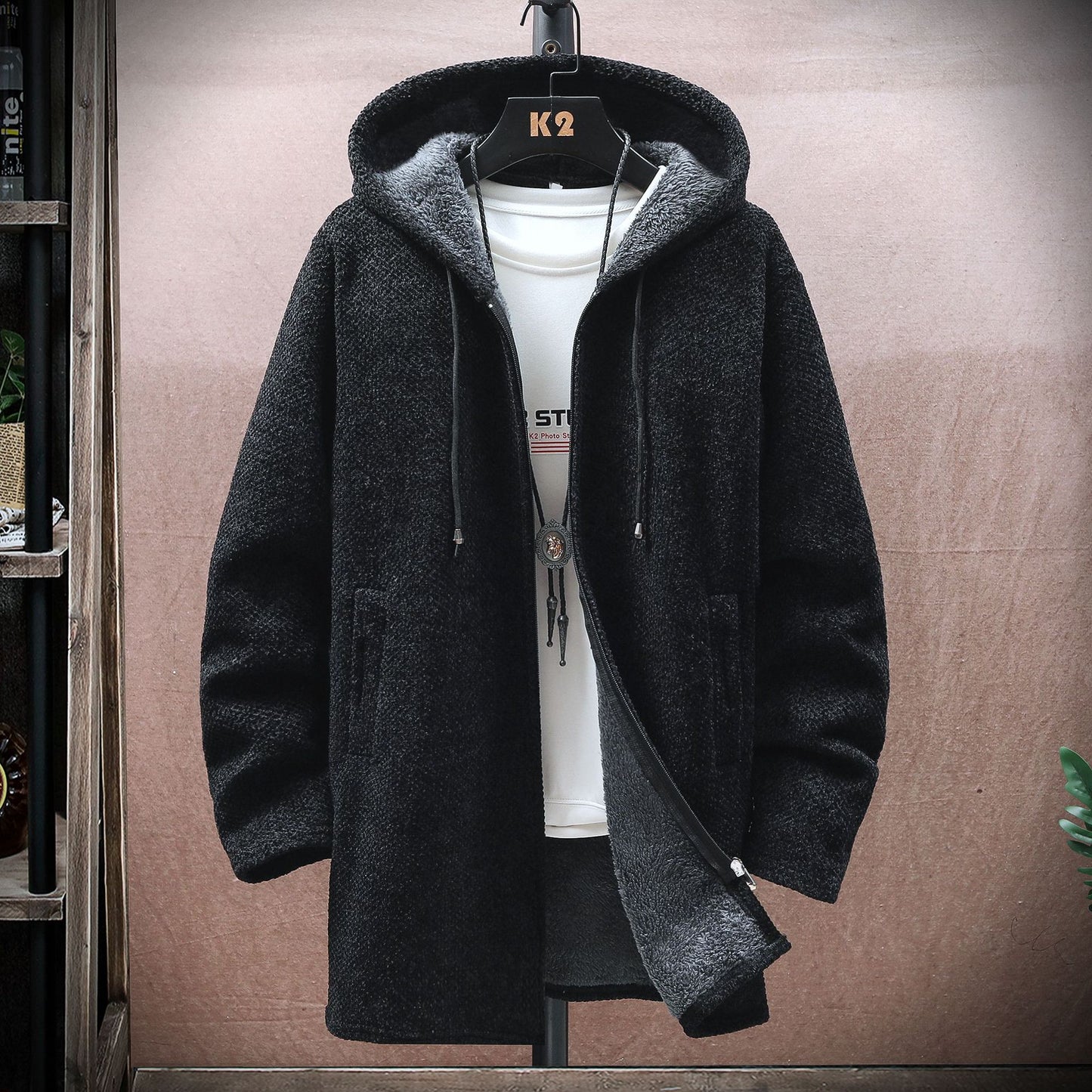 【M-5XL】Męski sweter dzianinowy z kapturem, średniej długości-4177384