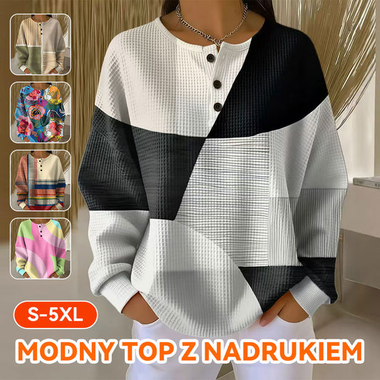 Nowa damska koszulka polo w stylu retro z trzyguzikowym kołnierzykiem stójką i nadrukiem cyfrowym 3D w dzianinie waflowej-4208555