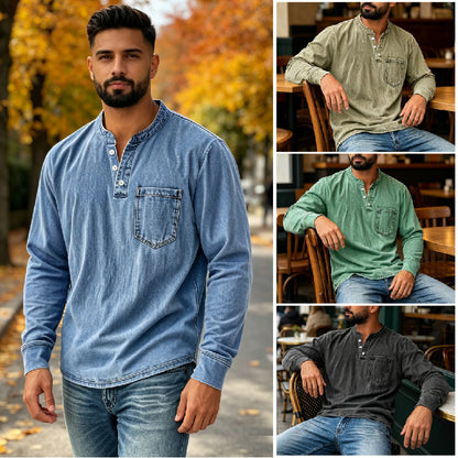 👔🔥【S-5XL】Camisa vaquera para hombre de manga larga, cuello en V y bolsillo ✅️Pago contra reembolso