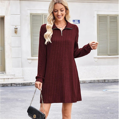 ❄️💃🍂【S-2XL】🔥Podzimní/zimní nové ležérní módní volné jednobarevné pletené šaty s dlouhým rukávem a vysokým výstřihem 4187106