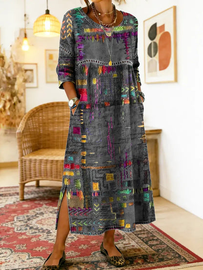 ✨ ¡Último día con un 50 % de descuento! 【S-5XL】 Vestido retro de verano con cuello redondo y estampado; ligero, transpirable, favorecedor y fácil de combinar.