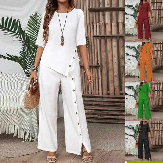 💐【S-5XL】Új női kétrészes szett szabálytalan szegéllyel, elegáns, modern, lezser gombos nadrág, bő szabású.