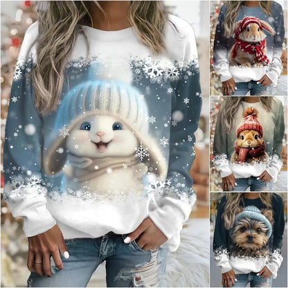 💖 Zimní akce 💖 Dámská zimní mikina s kulatým výstřihem a roztomilým potiskem zajíčka