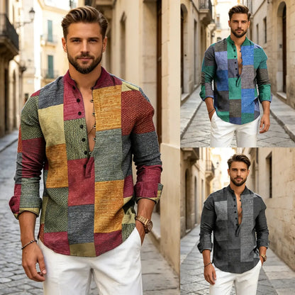 👔【S-3XL】Pánská košile z bavlny a lnu s geometrickým vzorem