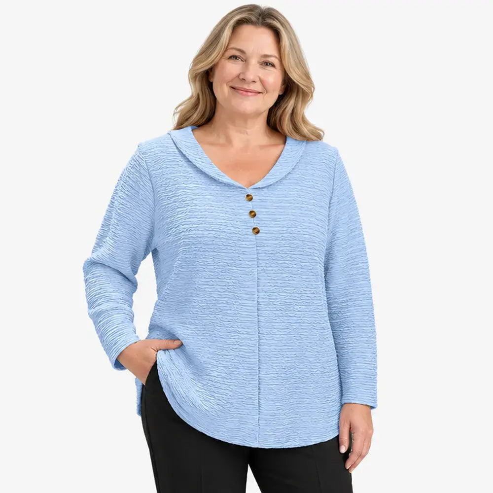 💖💖【XL-5XL】💖 Nový dámský jednobarevný top ve větších velikostech se zapínáním na knoflíky, vyrobený z texturovaného, plisovaného materiálu a doplněný kulatým límečkem.