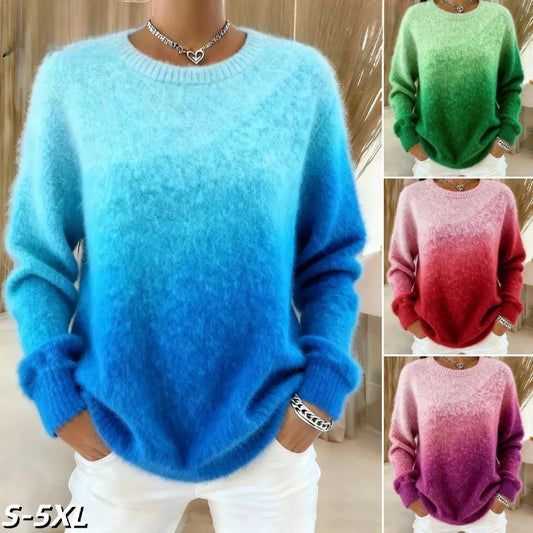 🔥【XS–5XL】Suéter de cuello redondo con diseño degradado, material afelpado, cálido y cómodo 4199969