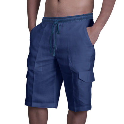 👖⛵【50% zniżki 🔥】【50–100 kg】😍 Męskie lniane szorty cargo w dużych rozmiarach, idealne na plażę, ze sznurkiem i wieloma kieszeniami-4262270