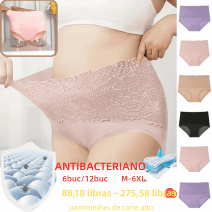 🔥🔥【Balení 6 ks】【M-6XL】💥Poslední den 50% sleva: Dámské kalhotky s vysokým pasem a krajkovým lemem pro větší velikosti