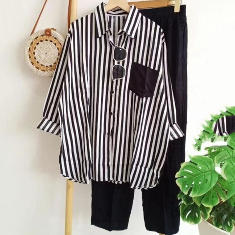 ⏳✨【S-5XL】Nová módní ležérní souprava (pruhovaná košile s potiskem + kalhoty)