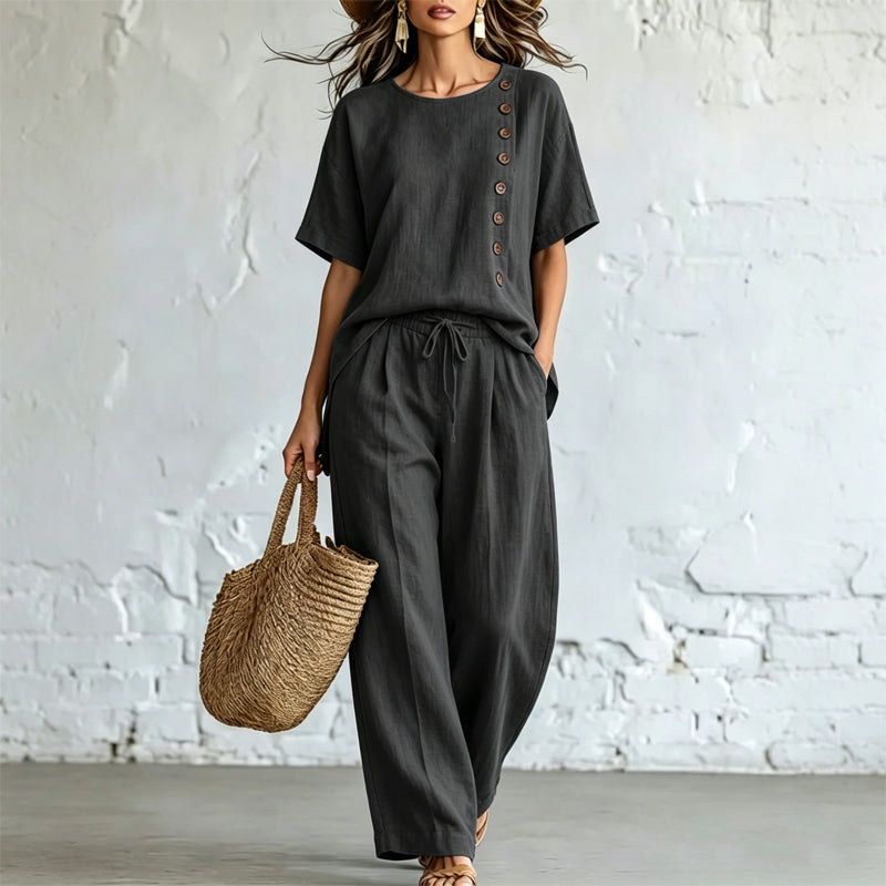 🎨【S-3XL】🌺【Set tričko + kalhoty s širokými nohavicemi】Módní ležérní set vyrobený z bavlny a lnu, pohodlný a prodyšný, dostupný v několika barvách.